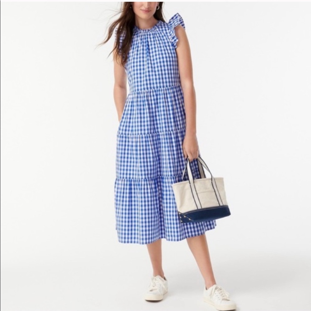 J. Crew tiered ruffle-sleeve blue gingham dress